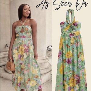 H&M Green Floral Halter Maxi Dress with Yellow & Purple Blooms
